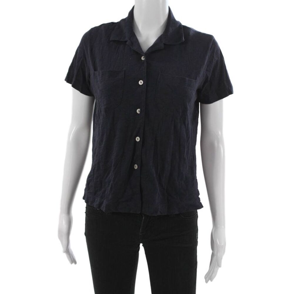 Goldie Women Basic Button-Up Collared Short Sleeve Cotton Top Blue Size XS